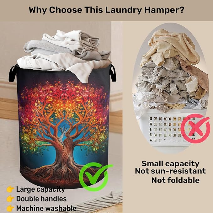Life Color Tree Laundry Basket with Handles - Extra Large Foldable Hamper for Bathroom/Laundry/Bedroom/Dorm, Washable Fabric Storage Bin