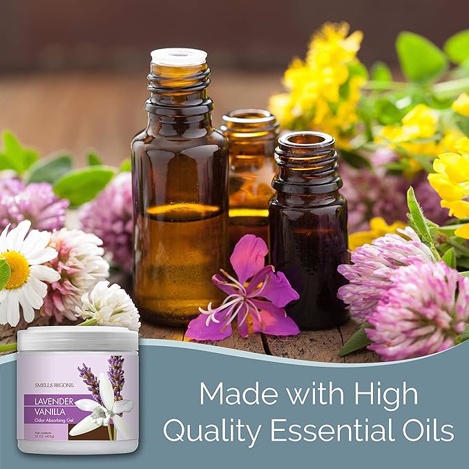 SMELLS BEGONE 15oz Gel Odor Eliminator - Absorb & Remove Tough Odors in Pet Areas, Bathrooms, Basements, Garage, Cars, RVs & Boats - Eliminate Odors Quickly (2-Pack, Lavender Vanilla)