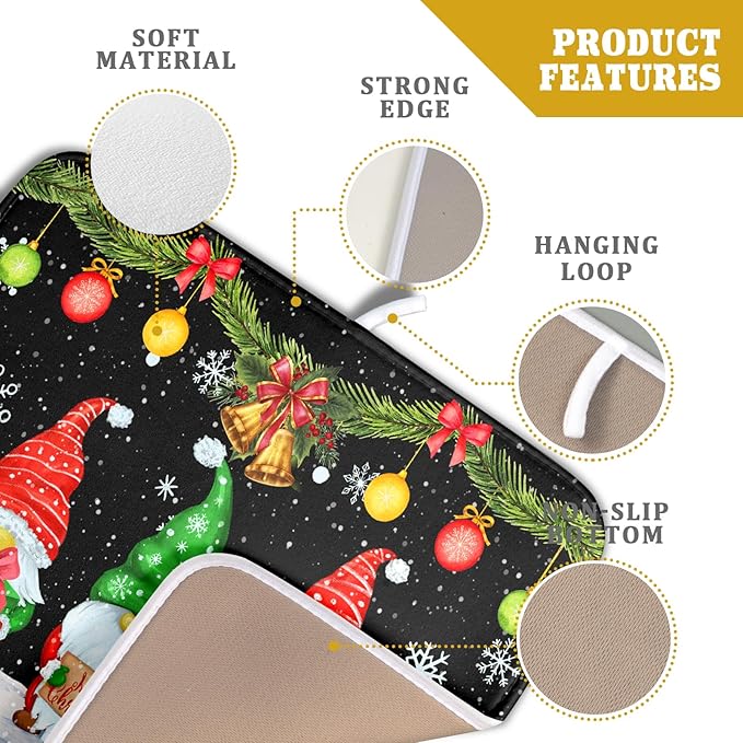 Merry Christmas Dish Drying Mat Black Gnomes Dish Drainer Mats 16x18 Inch Holiday Decorative Absorbent Dishes Pad for Kitchen Counter Sink