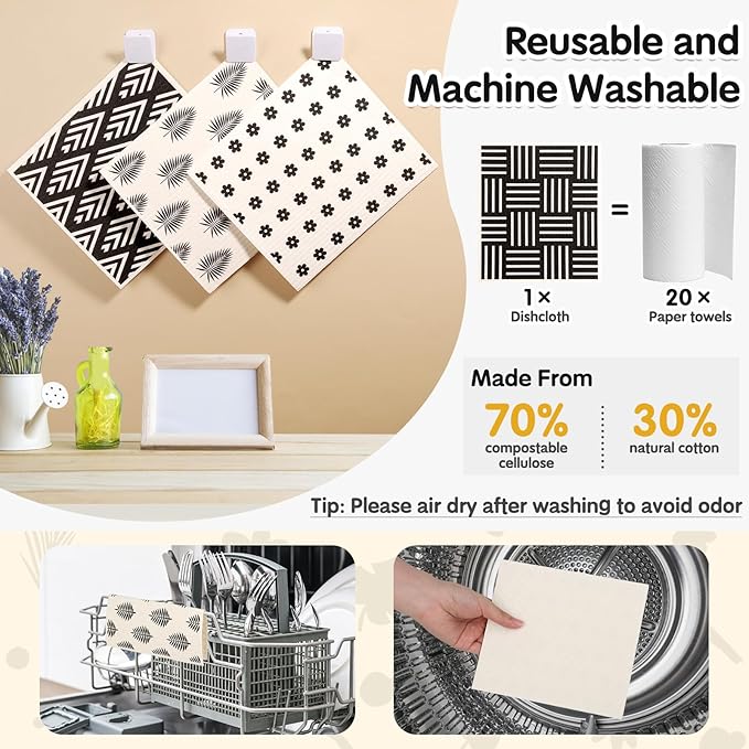 Lucomb 10 Pack Swedish Dish Cloths Reusable for Kitchen, Super Absorbent Kitchen Dishcloth Decorative, Quick Drying Cleaning Cloths Replace Paper Towels for Washing Dishes