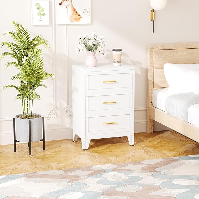 Metal Dresser Narrow Dresser for Bedroom Chest, 35.43" H Drawer Chest, Closet Dressers & Chests of Drawers for Living Room, Hallway (3 Drawers White 24inch Wide)