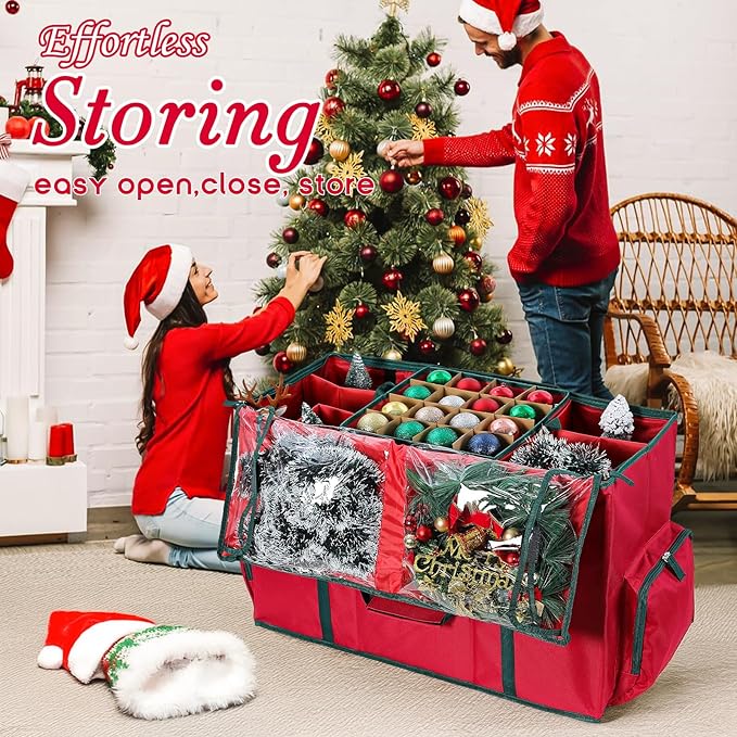 2-In-1 Christmas Decoration Ornament Organizer Box， Movable Pallet Santas Bags Ornament Storage Containers, Holds 73 Holiday Ornaments, Adjustable Space For Figurines And Pockets For Decoration