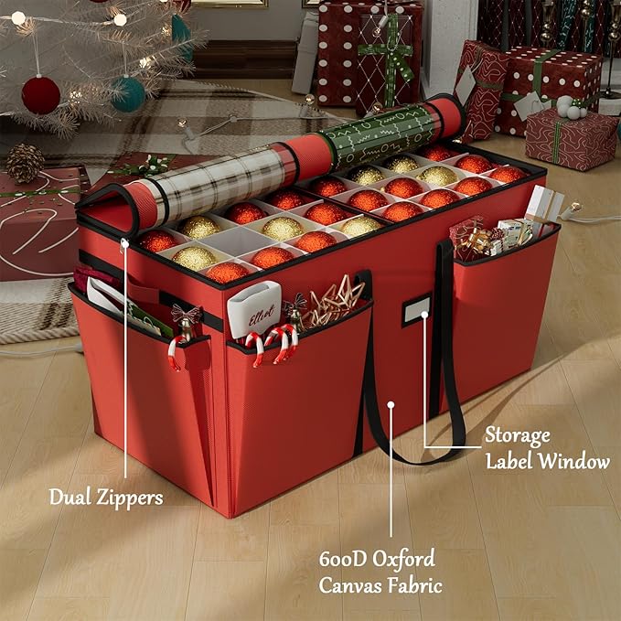 VERONLY Christmas Ornament Storage Box with 8 Trays, Christmas Storage Container for 128-3'' Holiday Ornament Decorations, Large Xmas Organizer with Adjustable Dividers, Dual Zipper and Pocket