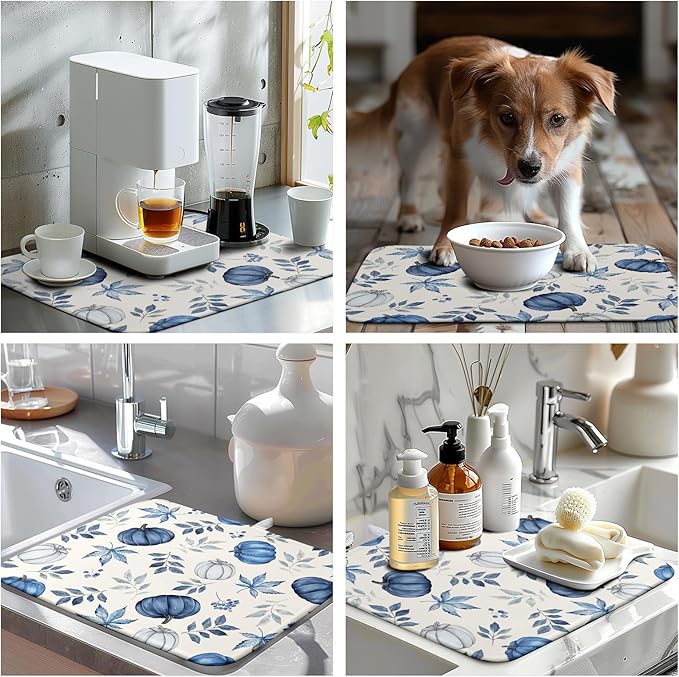 Wnoesat Fall Dish Drying Mat Blue Pumpkin Maple Leaves Drying Mats for Kitchen Counter 16x18 Inch Autumn Thanksgiving Absorbent Microfiber Dish Draining Mat Dishes Pad with Hanging Loop