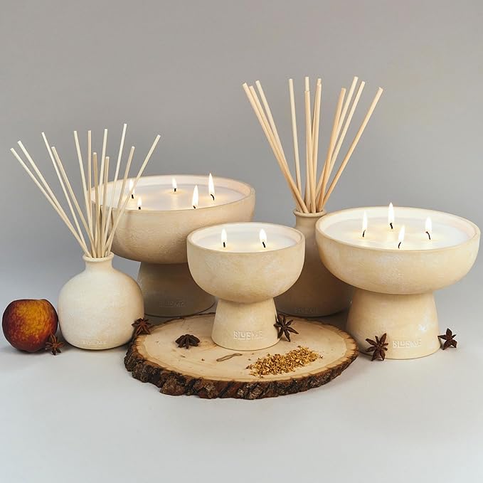 Blueme Calm Candle | Osmanthus & Sandalwood | 2 Wick - Refillable Wellness Candle with Essential Oils, Hand Finished & Poured Soy Wax Blend Ceramic Vessel, Natural Cotton Wicks | Medium 12 oz