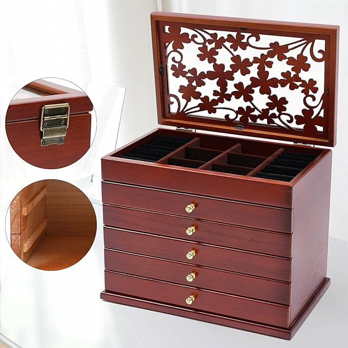 6-layer Jewelry Box Organizer,Lucky Four Leaf Clover Rustic Wooden Jewelry Boxes & Organizers,Jewelry Storage for Rings Earrings Necklaces Bracelets Christmas New Year Gift