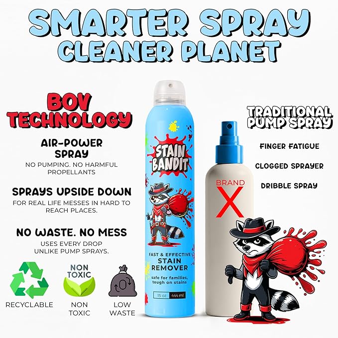 Stain Bandit Stain Remover Spray - Non-Toxic, Family Safe Formula - Bag-On-Valve 360 Continuous Spray - Powerful Natural Cleaner for Clothes, Upholstery, Carpet, Car Seats & More - 15oz