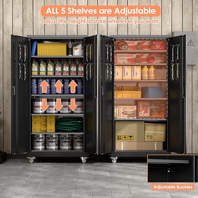 Garage Storage Cabinet with Wheels & Pegboard, Lockable Metal Storage Cabinet with Doors and 5 Adjustable Shelves for Garage, Home, Storage, Assembly Required, Black, 71" H×34" W×18" D
