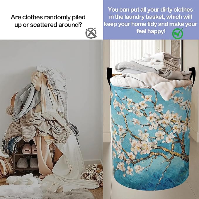 Laundry Basket,Vintage Apricot Tree Flowers Large Canvas Fabric Lightweight Storage Hamper Organizer Dirty Clothes Collapsible Waterproof for College Dorms,Bathroom