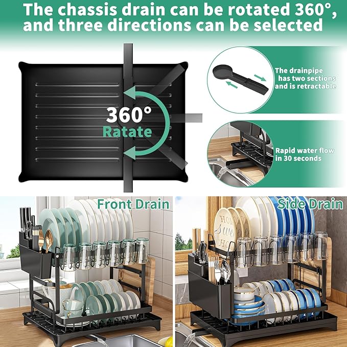 XLMYS Dish Drying Rack, 2 Tier Large Dish Drying Rack for Kitchen Counter with Drainboard Stainless Steel Dish Drainer for Dish/Knifes/Cup/Cutting Board, Black