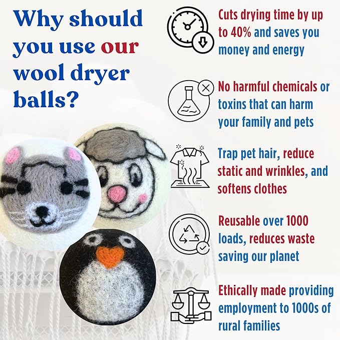 Wool Dryer Balls – 6 XL Organic Wool Balls, Reusable Natural Fabric Softener, Reduce Drying Time, Wrinkles, Static & Laundry Clumping, Eco-Friendly Laundry Balls