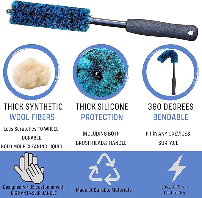 oesee 7PCS Car Wheel Rims Detail Cleaning PRO Wash Kit, Wheel Wash Mitt, Tire Brush, 2PCS Soft Woolies Wheels Brush, Detailing Brush, and Tire Dressing Pads, Microfiber Dry Towel Scratch-Free Cleaning