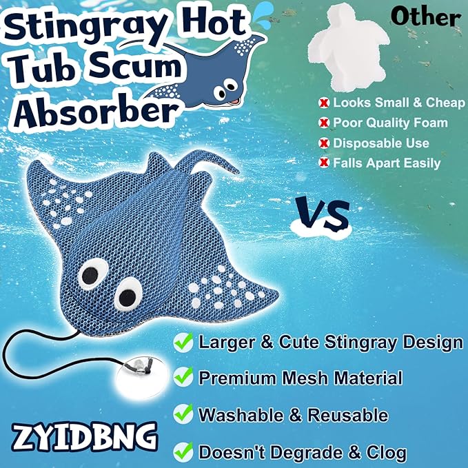 Stingray Hot Tub Scum Absorber Reusable Washable for Spa Scum Ray Floating Hot Tub Oil Absorber Cleaner Accessories for Adults (3 Pack, Skate)