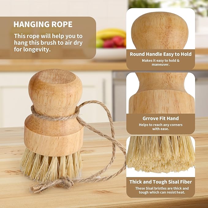KEJJNYER 12 Pcs Bamboo Dish Brush, Wooden Bamboo Dish Scrub Brushes, Round Wooden Dishwashing Brush Sisal Bristles for Pan Pot Sink Kitchen Cleaning