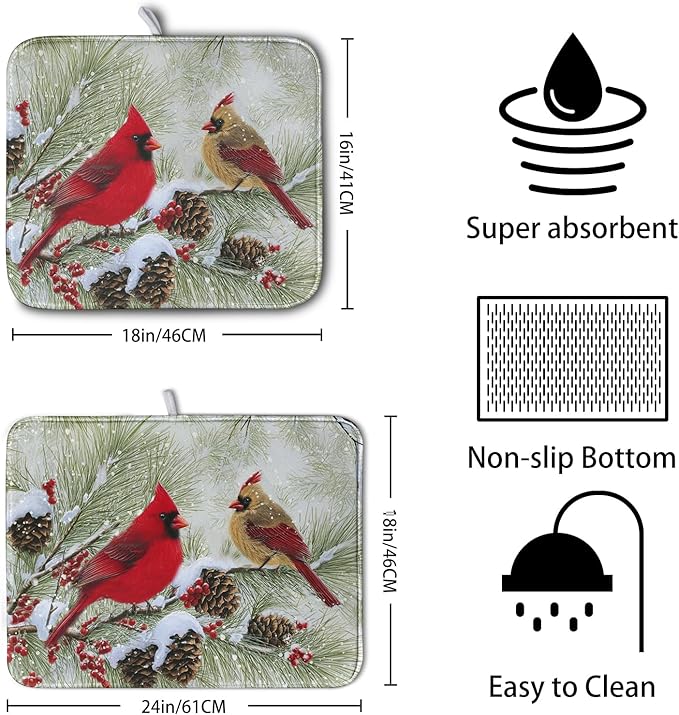 Kwlegh Winter Dish Drying Mat for Kitchen Counter 16x18 Inch Christmas Red Birds Drying Mats Xmas Holiday Microfiber Absorbent Dishes Drainer Mats Cardinal Dish Rack Pad