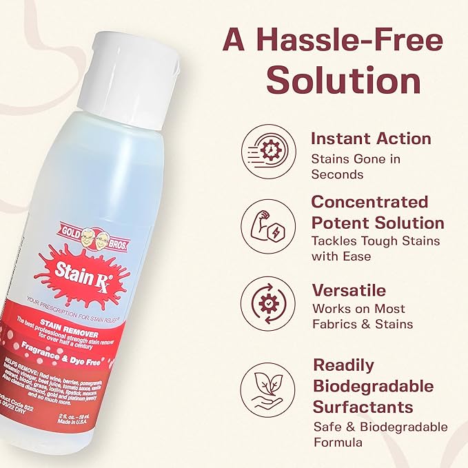 Stain Rx Stain Remover, Effectively Eliminates Stains from Wine, Berries & Blood on Fabrics, Carpets, Upholstery & Jewelry, Dye-Free, Bleach-Free, Made in USA, 2 fl. oz. (6 Pack) with a Flip-Top Cap