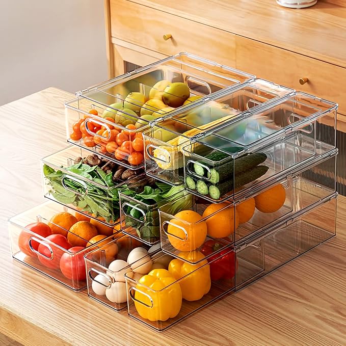 MineSign 9 Pack Stackable Refrigerator Organizer Bins Pull-Out Drawers for Fruit and Veggies Storage Organizer for Fridge Clear Drawer Containers with Handle Divided Organization for Produce Saver