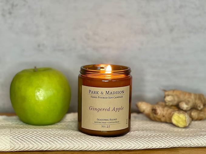 Park & Madison Gingered Apples Soy Candle - Apples Mimosa Scented Candle | Hand-Poured Amber Jar Candle with Black Lid | Fruit Scented Fall Candle | Eco-Friendly, Phthalate-Free, Non-Toxic (4 oz)