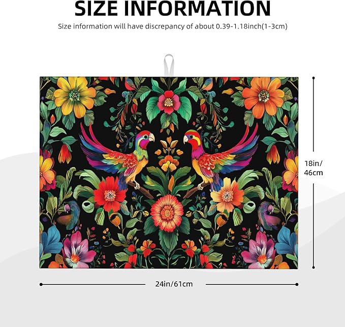 Mexican Flowers Dish Drying Mat for Kitchen Counter Microfiber Super Absorbent Non-Slip Dish Drying Pad for Countertops Dishes Utensils Stylish Quick-Dry Machine Washable 18x24 Inch