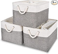 HOdo Home 15.8×11.8×9.5 In/3PCS Storage Bins, Fabric Bin with Drawstring Closure and 2 Bold Handles, Collapsible Large Canvas Baskets for Organizing Shelf Nursery Home Closet (White and Grey)