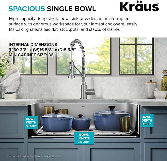 KRAUS Premier 32-inch Undermount Single Bowl 18-Gauge Stainless Steel Kitchen Sink with Bottom Grid and Strainer, KBU44