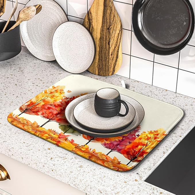 Fall Maple Leaves Dish Drying Mat for Kitchen Counter 18x16 Inch Watercolor Autumn Drying Mat with Absorbent Reversible Microfiber Orange Dish Drainer Mats Rack Pad for Coffee Countertop Protector