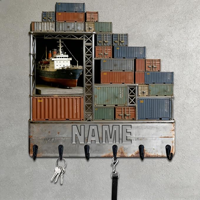Personalized Wooden 2D Flat Print Container Ship Themed Wall Hooks for Living Room Hallway Office Custom Name Container Crane Coat Rack Port Transportation Key Storage Holder for Women Men Friends