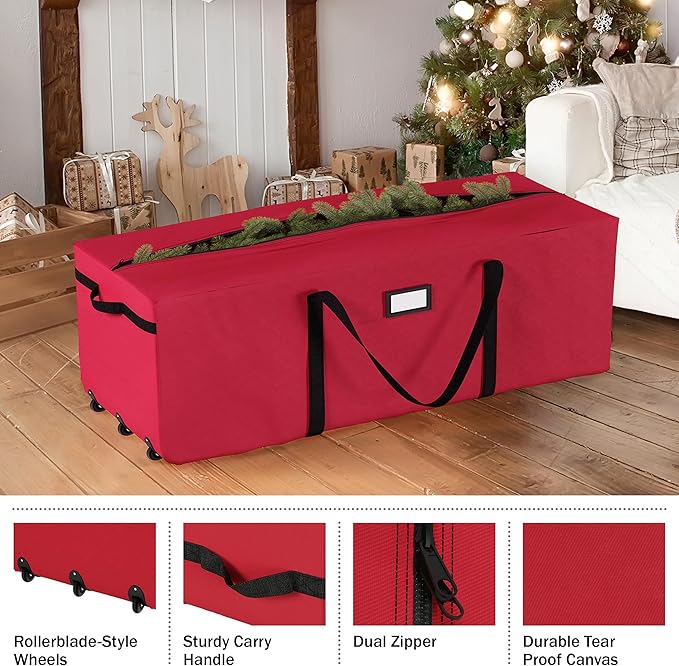 Christmas Tree Storage Bag with Wheels - Canvas Duffel for 12-Foot Fake Trees and Protecting Holiday Decorations and Inflatables by Elf Stor (Red)
