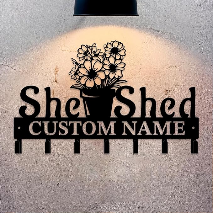 Personalized She Shed Metal Keys Hooks,Custom Name Metal She Shed Keys Hooks,Black Metal She Shed Wall Home Storage Decorative Keys Hooks,Key Holder Hooks for Wall (Style J)
