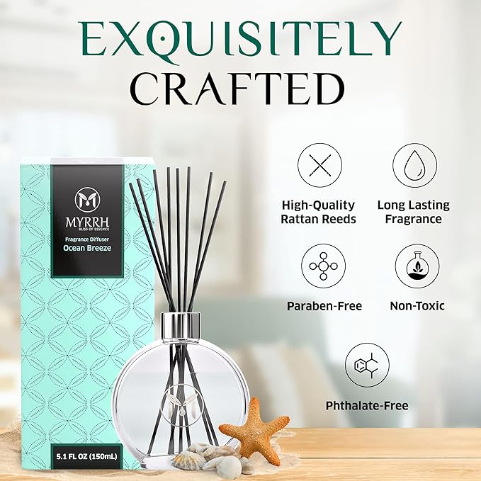 Ocean Breeze Scented Reed Diffuser with 8 Rattan Diffuser Sticks, 150 ml, All Natural Air Freshener, Long-Lasting Diffusers at Home - MyrrhUSA