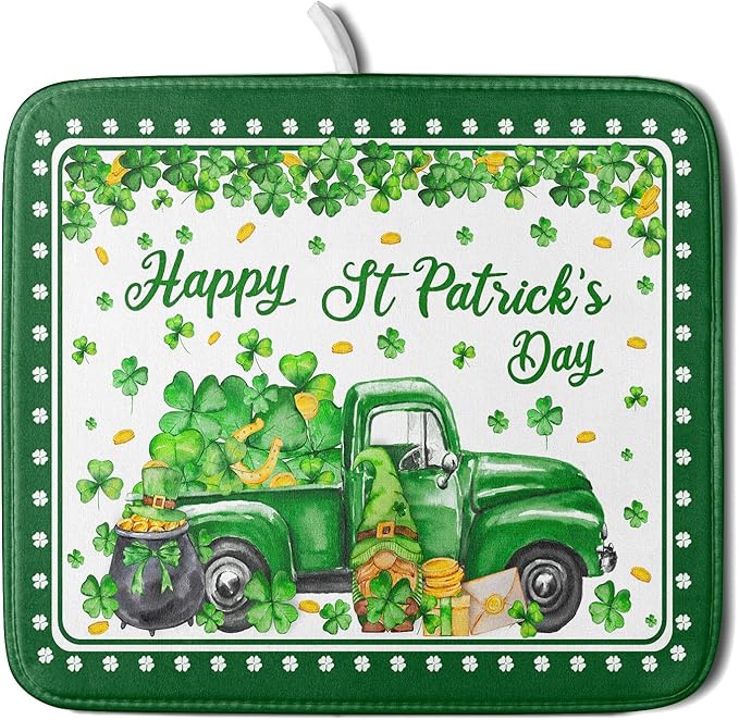 Shamrock Gnome Truck Dish Drying Mat Lucky Clover Dish Drainer Mat 16x18 inch Absorbent Fast Dry Pad for Kitchen Counter Coffee Bar Decor