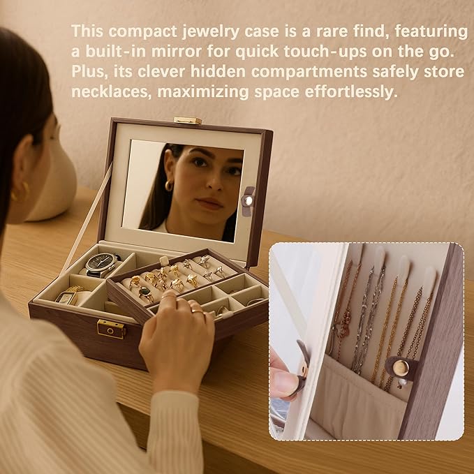 Homeanda Jewelry Box with Mirror Travel Jewelry Organizer 2 Layer Large Jewelry Storage Case Waterproof PU Leather Storage for Women Girls (Dark Brown)