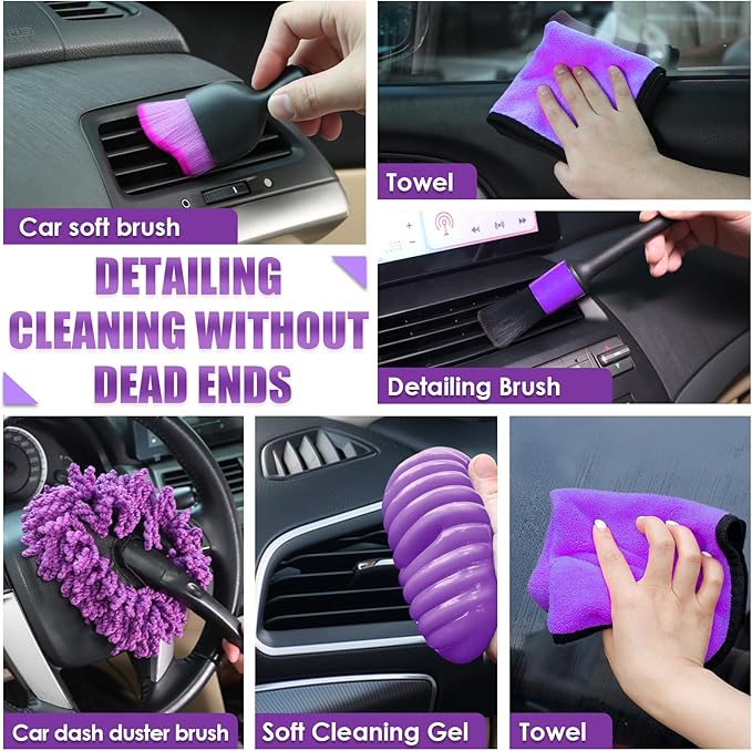 Viewsun 17PCS Car Cleaning Kit, Purple Car Interior Detailing Kit with High Power Handheld Vacuum, Detailing Brush Set, Windshield Cleaner, Cleaning Gel, Complete Auto Accessories for Women Gift