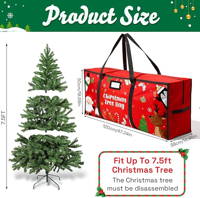 Christmas Tree Storage Bag, Fits Up 7.5 Ft Christmas Tree Durable 600D Oxford Holiday Storage Container with Wide Opening Dual Zippers (Snowman Penguin)