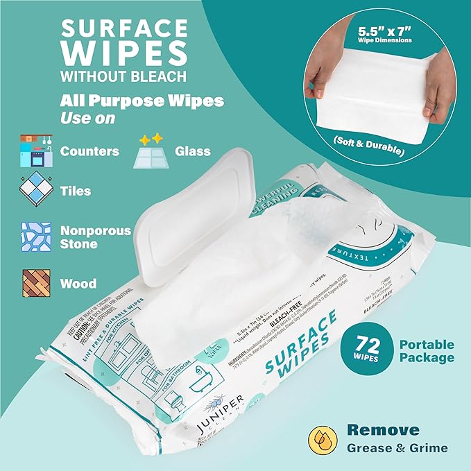 Juniper CLEAN 3 Pack Surface Cleaning Wipes Bleach Free, All-Purpose Cleaner for Bathroom, Kitchen, Office, 72 Count Soft Flow, Fresh Scent, Lint Free & Durable