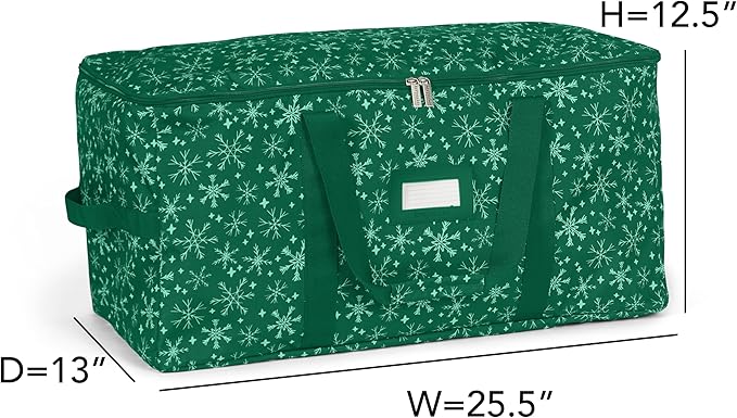Covermates Keepsakes Adjustable Ornament Storage Bag – Heavy-Duty Polyester, Padded Dividers & FlexGrid Trays – Protective Holiday Ornament Organizer with Handles & Label Window, Green Snowflake