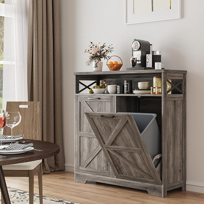 Double Tilt Out Trash Can Cabinet for 13 * 2 Gallon Garbage Can, Farmhouse Kitchen Garbage Trash Bin for Hidden Laundry Basket, Dual Dog Proof Recycling Cabinet for Dining Living Room, Grey