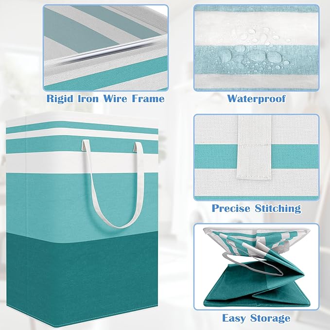 BlissTotes 3-Pack Laundry Basket, Freestanding＆Waterproof Laundry Hamper, Collapsible Tall Clothes Hamper with Easy Carry Handles for Clothes, Towels in the Family and Dorm,Gradient Green,75L