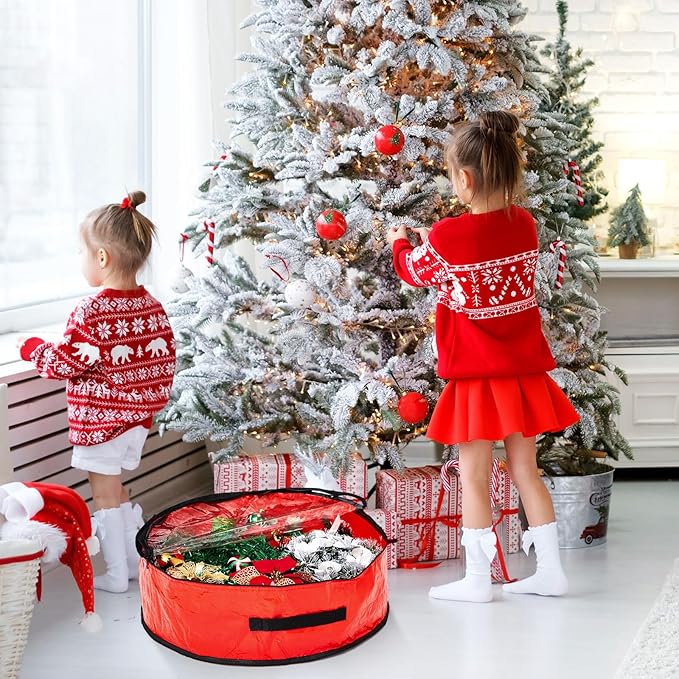 4 Pcs Christmas Wreath Storage Bag, Christmas Garland Storage Container with Clear Window, Zipper & Handle for Xmas Holiday Seasonal Wreath Garland Box(Red,24")