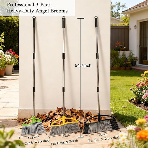 3 Pack Wide Heavy Duty Angle Broom - Stiff Bristle Outdoor Brooms for Sweeping Patio, Garden, Garage, Yard (Black, Yellow, Green)