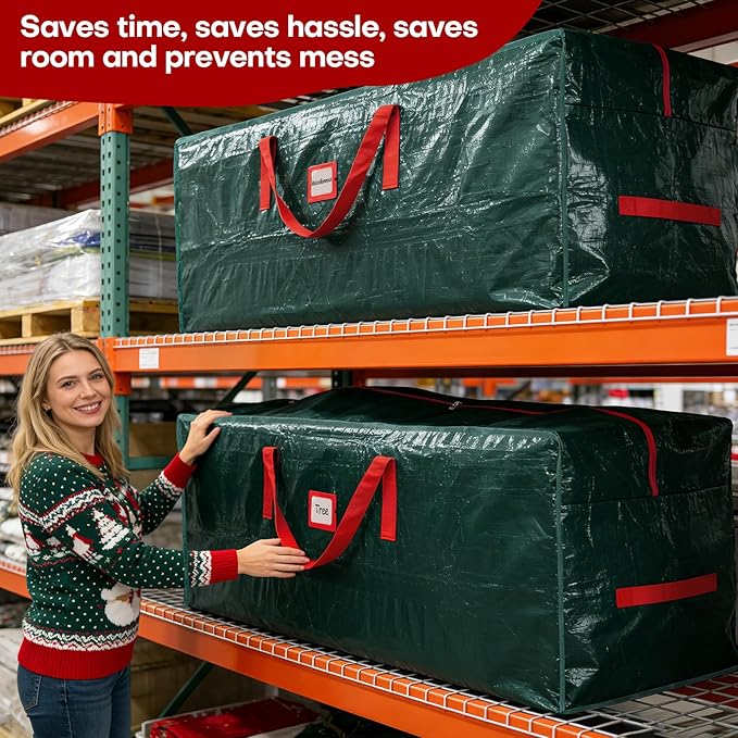 Christmas Tree Storage Bag, For 7.5ft Disassembled Xmas Tree, Heavy Duty Christmas Tree Storage Bag with Sturdy Handles, Tag Card Slot, Zipper, Dust-Resistant and Water-Resistant（Green）