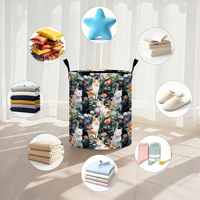 Cat Flowers Laundry Basket Storage Bin Foldable Laundry Hamper Clothes Storage Bucket Organizer 19.6x15.7 Inch For Laundry Room/Bedroom/Bathroom
