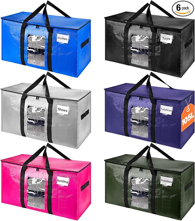 6 Pack Extra Large Moving Bags,Christmas Decoration Storage Bins,37Gallon Heavy Duty Storage Totes with Visible Window & Tag Pocket,Alternative to Moving Boxes,Dorm Room Essentials(Blue)