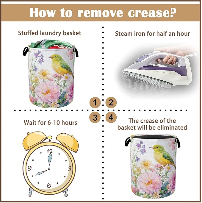 Laundry Basket,Watercolor Flowers Collapsible Laundry Baskets,Green Bird Waterproof Oxford Hamper with Handles for Bathroom Bedroom Nursery Home Storage 16"x20"