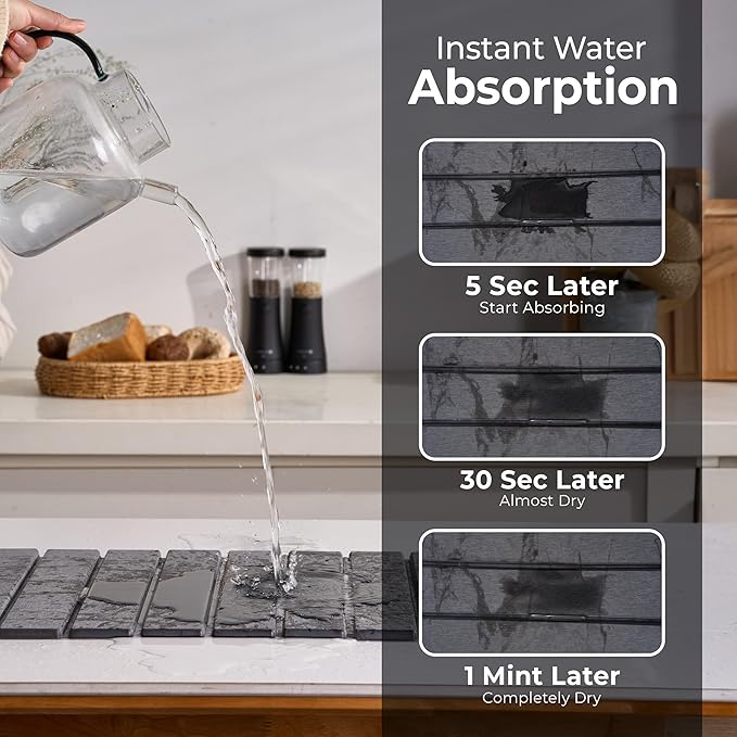 Large Stone Dish Drying Mat for Kitchen Counter, 2PCS Quick Dry Stone Dishes Mats, Foldable Water Absorbing Diatomaceous Earth Drying Pad for Bottles Dish Cups(Dark Gray 24"×16" & 8"x5")