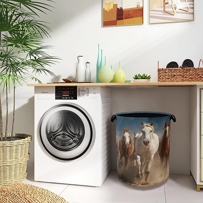 Running Horse Laundry Hamper,Dirty Clothes Laundry Basket with Handles Waterproof Oxford Cloth Storage Basket for College Dorms Bathroom Bedroom 16" x 20.8"