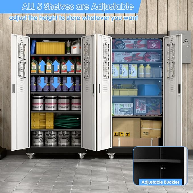 Garage Storage Cabinet with Wheels & Pegboard, Lockable Metal Storage Cabinet with Doors and 5 Adjustable Shelves for Garage, Home, Storage, Assembly Required, Black and Silvery, 71" H×34" W×18" D