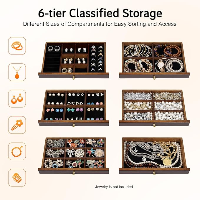 Jewelry Box,Wooden Jewelry Organizer,6 Layers Large Capacity Jewelry Holder Watches Necklace Ring Storage Box (Wood Color 6-tier)