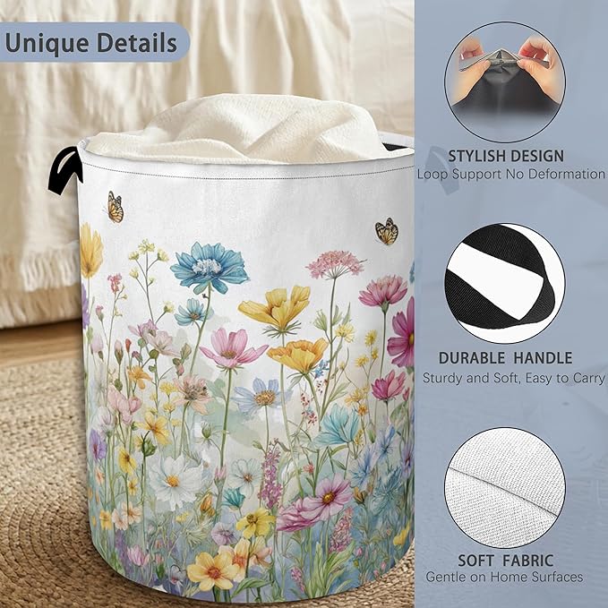 Wildflowers Laundry Basket,Garden Botanical Butterfly Oxford Cloth Laundry Hamper with Handle Foldable Portable Clothes Storage Basket for Bathroom Bedroom Dorm Room 16" x 20.8"