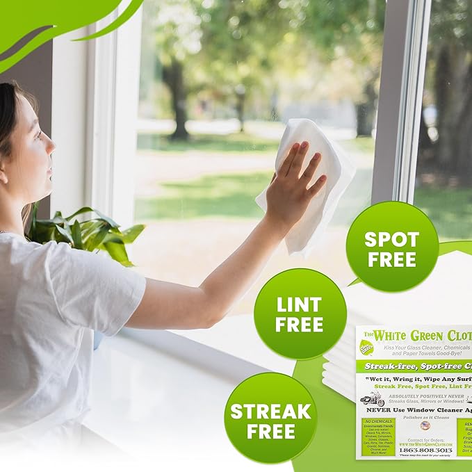 The White Green Cloth 1-Pack Reusable Cleaning Cloth for Streak-Free Windows, Mirrors & All-Purpose Cleaning – Chemical-Free, Absorbent, Non-Abrasive, 16" x 16" White Cleaning Rag, Made in The USA